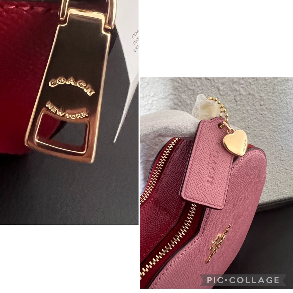 NWT COACH HEART CROSSBODY IN COLORBLOCK LEATHER TOP HANDLE GOLD/TRUE PINK - Picture 11 of 14